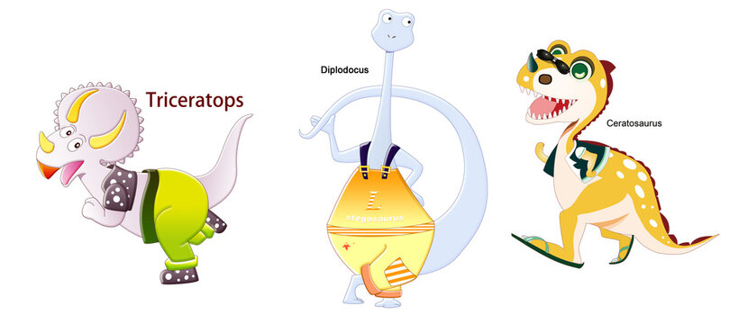 Cute anthropomorphic cartoon dinosaurs, Triceratops, Diplodocus, Tyrannosaurus Rex, wearing casual clothes, colorful children educational illustration on white background
