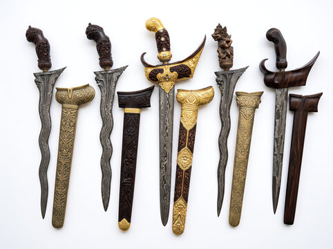 Ornate Indonesian Keris Daggers Traditional Weapons Displayed Art Culture