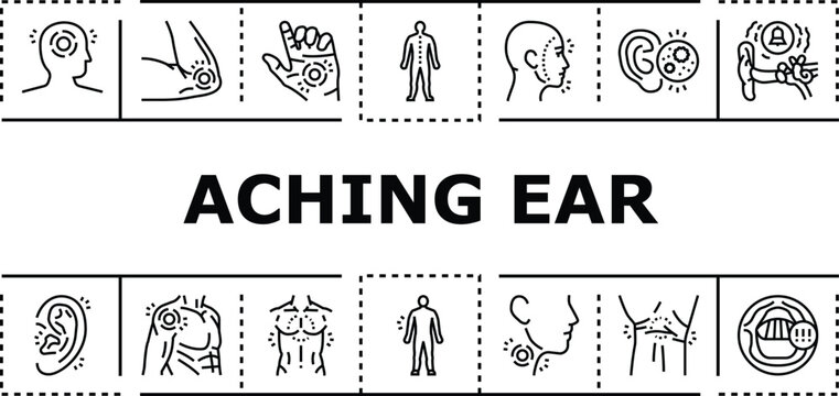 Aching ear banner infographic. Treatment dizziness, throb congestion, fever earache icon vector illustration