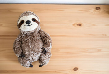 Fototapeta premium Childhood comfort and play, plush sloth toy resting on a light wooden table with copy space for nursery decor and educational development concepts