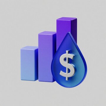 3D render of bar chart beside water drop with dollar sign. Abstract financial graphic shows growth or loss. Minimalist design for business data.