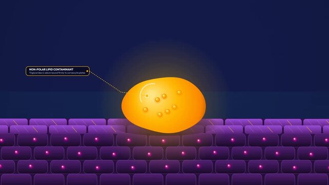 Educational animation detailing the chemical process of soap micelle formation showing amphiphilic surfactants removing a nonpolar lipid contaminant from a dermal surface via hydrodynamic drag
