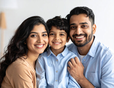 A beautiful young Indian family of three smiling warmly at the camera. This candid portrait evokes feelings of unconditional love, togetherness, and joy, perfect for lifestyle marketing needs.
