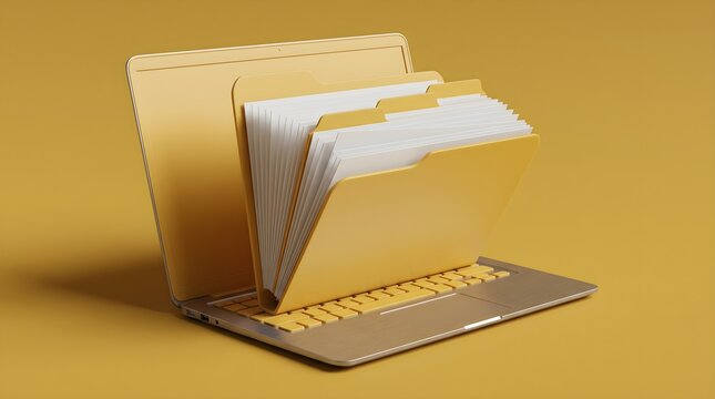 Yellow laptop with multiple file folders bursting outside.