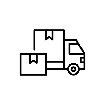 Vector illustration of delivery truck moving boxes line icon for relocation service or house moving company