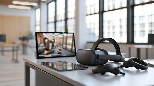Black virtual reality headset and controllers on office desk with tablet displaying 3D simulation.