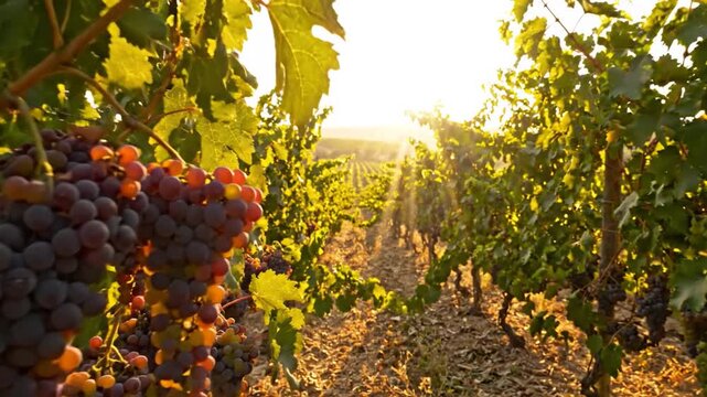 Expansive vineyard landscape at sunset, rows of grapevines stretching across rolling hills