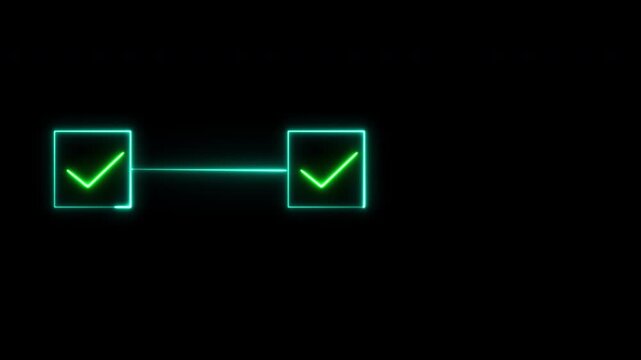 Step point glowing neon with blue box and check mark tick or checklist sign icon, 3 step infographic process, progress step by step sign information on transparent background, 4k video