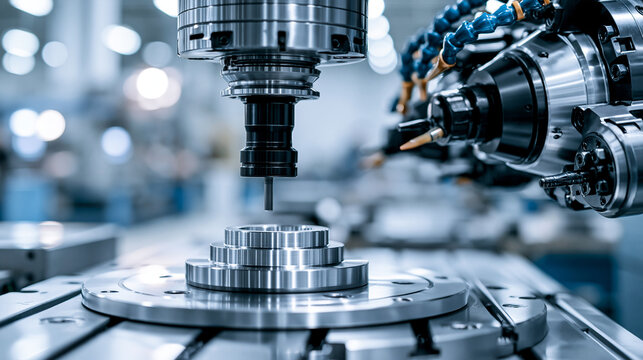 Close-up of a precision CNC milling machine head working on metal components in a factory setting.