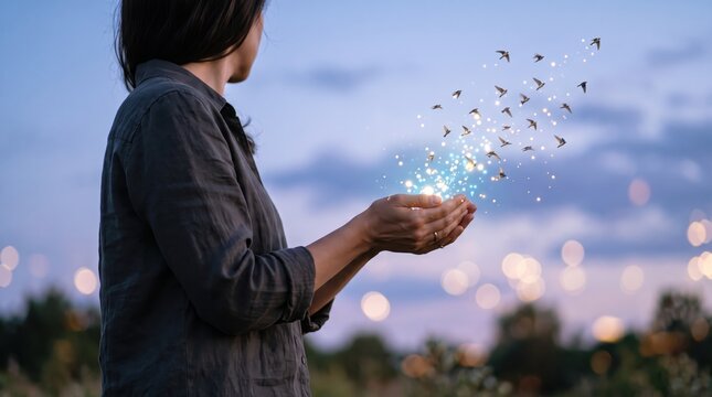 Woman holding glowing magic light and flying birds in hands at twilight, symbolizing freedom, hope, dreams, and spiritual release in a serene natural environment.