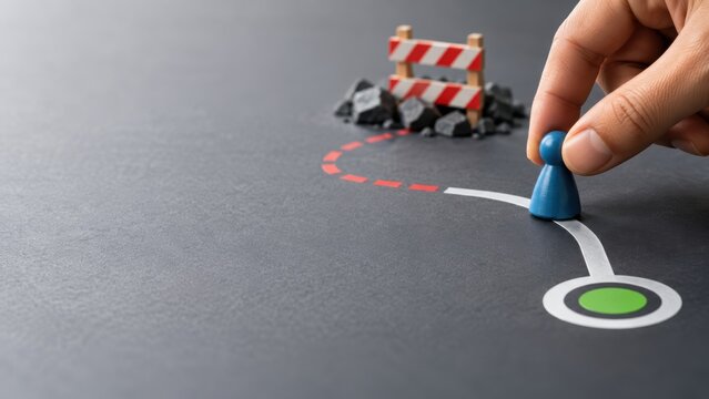 goal setting motivation evaluation. Hand moves a blue pawn along a white path toward a green circle, avoiding a barricade and rocks on a gray surface.