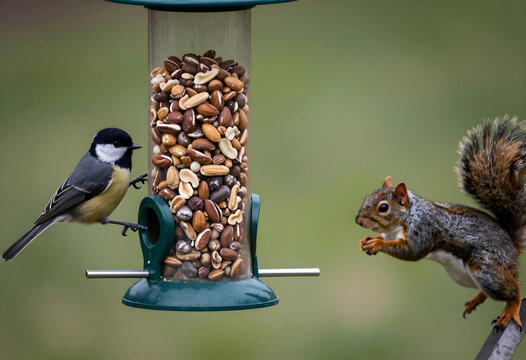 Wildlife competition and backyard nature, great tit bird and squirrel fighting for food at a bird feeder in a garden setting during the autumn season