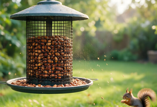 Wildlife conservation and backyard nature, red squirrel foraging for nuts near a garden bird feeder in a sunny park during the spring season