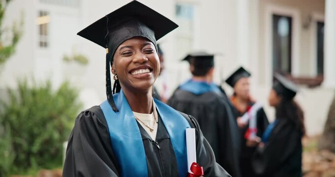 Face, smile and student at campus for graduation, ceremony and diploma for degree completion. Portrait, woman and graduate outdoor with arms crossed, accolade award and accomplishment for education