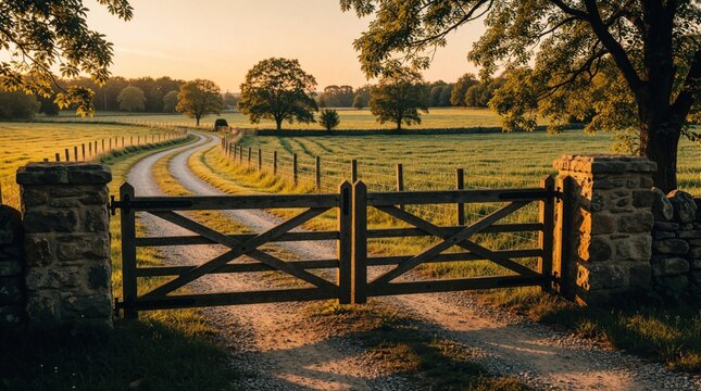 Wooden gate with stone pillar marks estate entrance. Country driveway winds through rural fields at sunset. Pastoral landscape offers tranquil travel background.