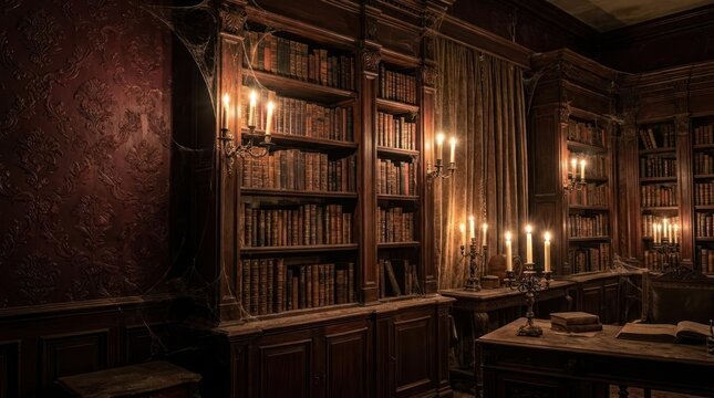 Antique library room with bookshelves and candle lighting.