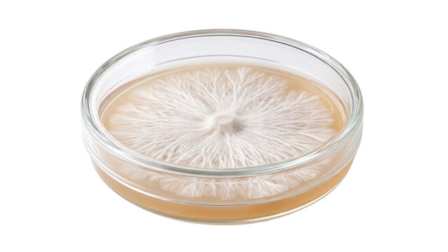 mycelium Petri dish isolated PNG, white fungal culture in glass dish on transparent background