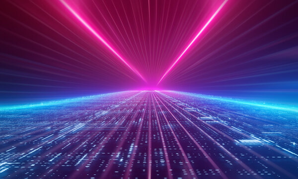 Abstract digital background with glowing blue data grid and neon pink laser rays in perspective 3d render