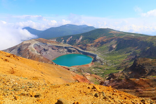Stunning view of Okama crater lake at Mount Zao in Miyagi, Japan