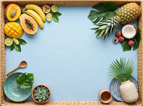 Tropical fruit and woven textures framing a blue background