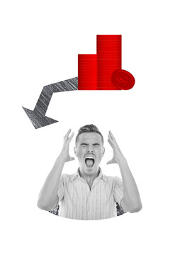 Vertical collage young businessman stressed scream shout problem economy crisis devaluation inflation arrow direction coins stack pile