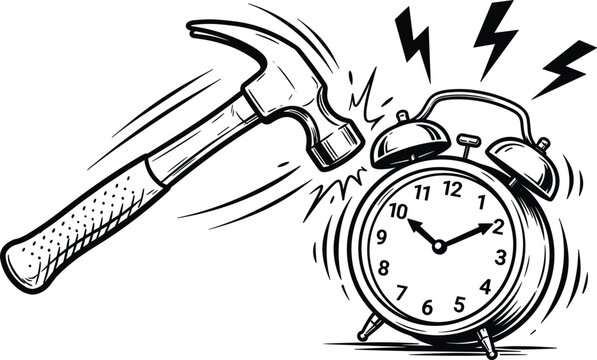 Hammer hitting ringing vintage alarm clock comic hand drawn style vector illustration concept for morning wakeup anger