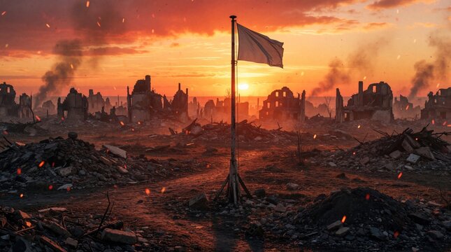 War torn city ruins under orange sunset sky. White flag flies on pole amidst destroyed buildings, smoke. Embers float in air over battlefield rubble. Destruction from conflict leaves broken urban