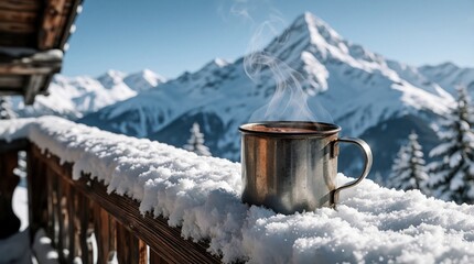 Obraz premium Steaming hot drink in metal mug sits on snowy wooden balcony. Winter mountains with white peaks under blue sky create scenic view. Cozy atmosphere at ski resort during cold season. Relaxing moment