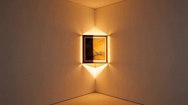 Framed painting illuminated by triangular lighting in a minimalist white exhibition space