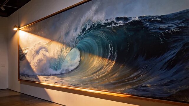 Large seascape painting with crashing waves hanging in art gallery