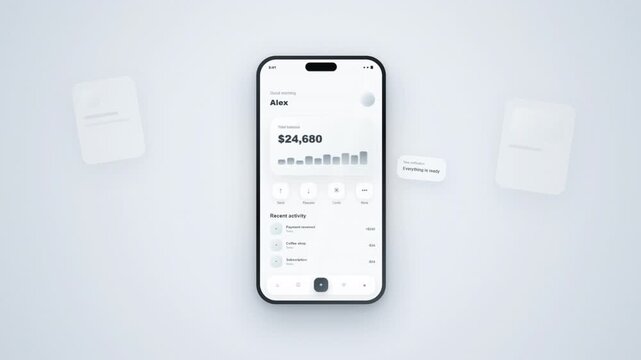 Minimalist smartphone displaying welcome screen with 'Get Started' button, clean UI design.