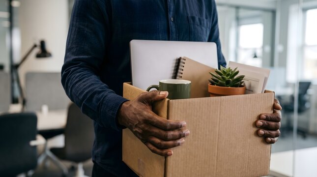 Employee packing a cardboard moving box with personal belongings at office workspace employee termination job loss office move