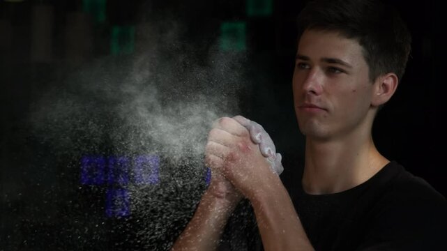 Sportsman claps hands removing climbing chalk at sports center. Confident young man prepares for bouldering session against black slow motion