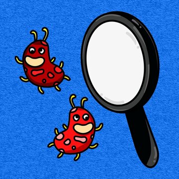 Hand drawn cartoon bacteria and microbe under magnifying glass for science, health, and kids design.