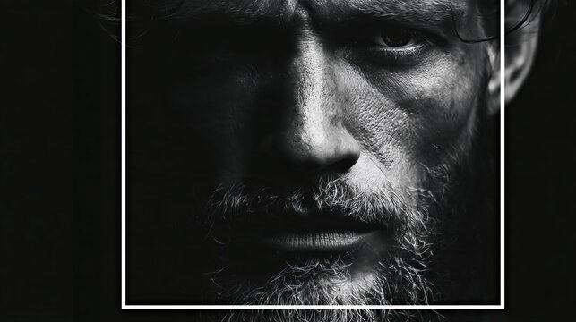 Dark male face portrait with square frame and intense texture for dramatic editorial cover.