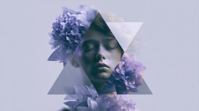 Pastel artistic woman portrait with geometric overlay and flowers for creative fashion branding.