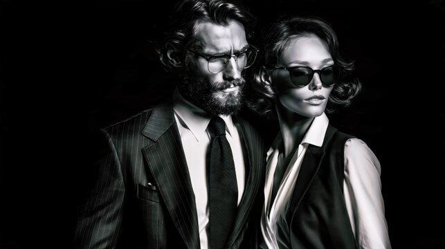 Stylish man and woman wearing dark formal outfits and sunglasses against black for elegant fashion advertising.