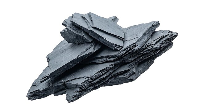 Natural black slate stone with layered texture isolated on white background