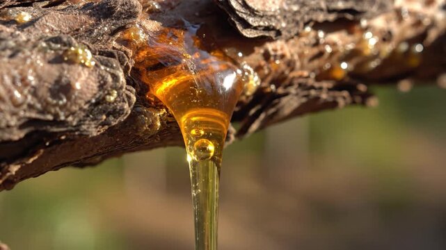 Amber resin droplet slowly dripping from a textured pine tree branch in a sunlit forest environment.