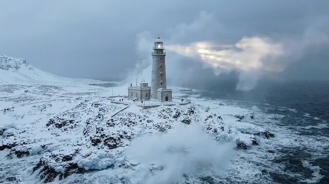 Majestic lighthouse on a snow-covered rocky coast, guiding ships through stormy seas