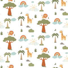 Obraz premium Cute Safari Animals Tropical Nature Pattern.