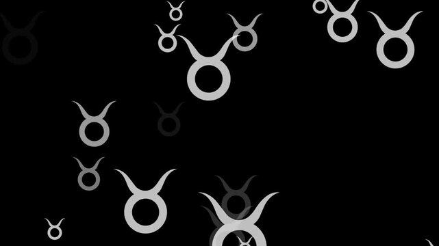 Taurus zodiac symbol icon&mdash;representing birthdays in April and May&mdash;moving across a dark background; 4K video.
