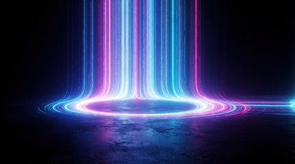 Fototapeta premium Abstract neon light beams form glowing portal effect on dark surface. Futuristic scene uses vibrant blue, pink lights, creating sense of digital space energy transfer. Illumination originates from