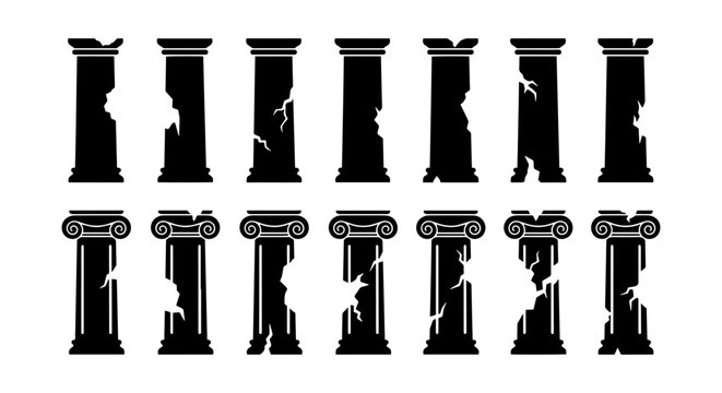 Ancient Greek Columns, Broken Pillars, Architectural Elements, Classical Ruin Vector Set