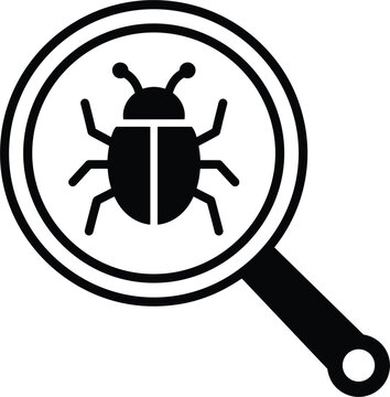 Magnifying glass scanning computer malware bug graphic icon representing vulnerability tracking cyber defense digital program virus detection
