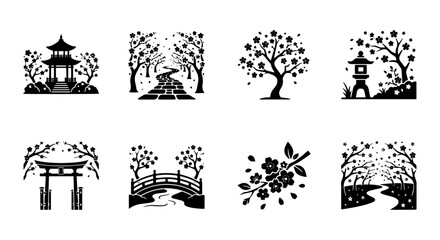 Fototapeta premium Japanese Garden Icons: Pagoda, Torii Gate, Bridge, Cherry Blossoms, Zen Landscapes