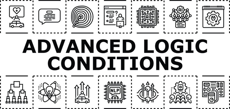 Advanced logic conditions banner infographic. Predicate proof, expression clause, inference relation icon vector illustration