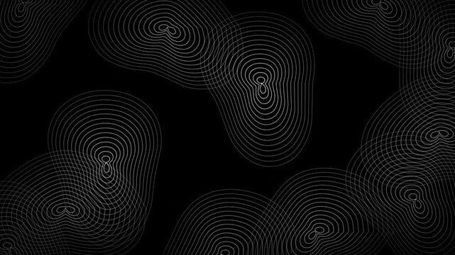 Elegant black background featuring white concentric ellipses and topographic line art motion code rendered graphic design