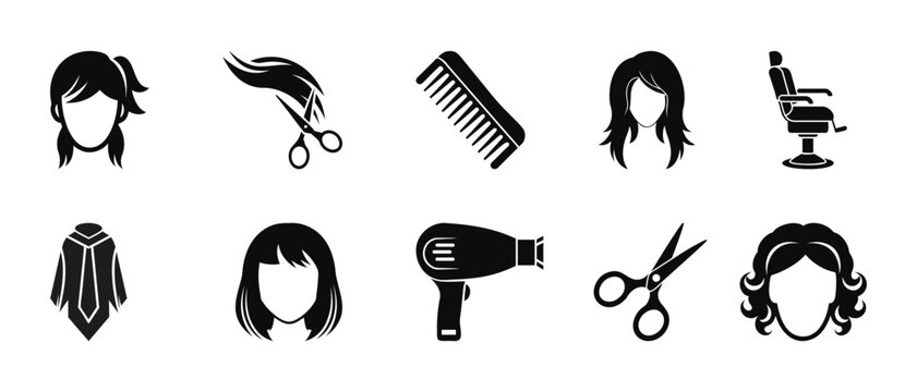 Vector icons for hairdressing and women's hairstyling: ponytail hairstyle, scissors cutting hair, comb, long straight hair, salon chair, cape, bob haircut, hair dryer, hairdressing scissors.