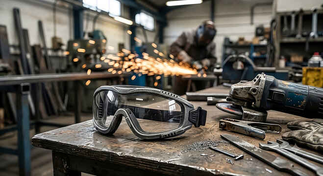 Industrial Safety Goggles Near Factory Entrance with Machinery Background